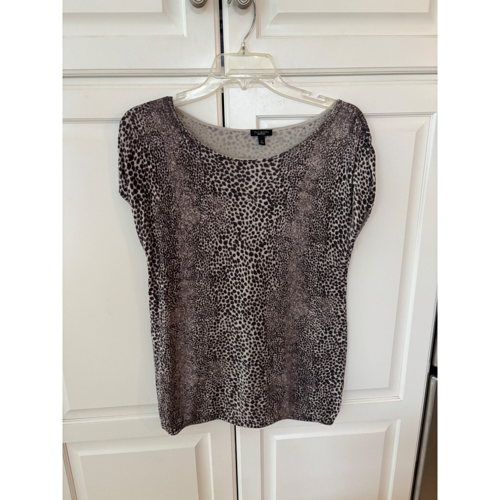 Talbots Womens Small Grey Animal‎ Print Short Sleeve Cotton Rayon Knit Sweater